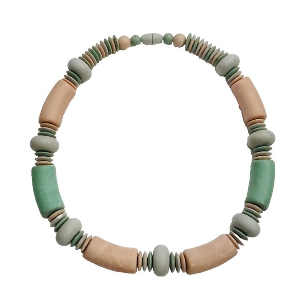 Unbranded Jewelry - Vintage Marbled Melamine Bead Necklace Plastic Disks Macaroni Round Green Orange